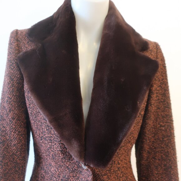 Yves Saint Laurent Black Brown Tweed Boucle Wool Blend Faux Fur Jacket Coat 6 - Picture 4 of 16